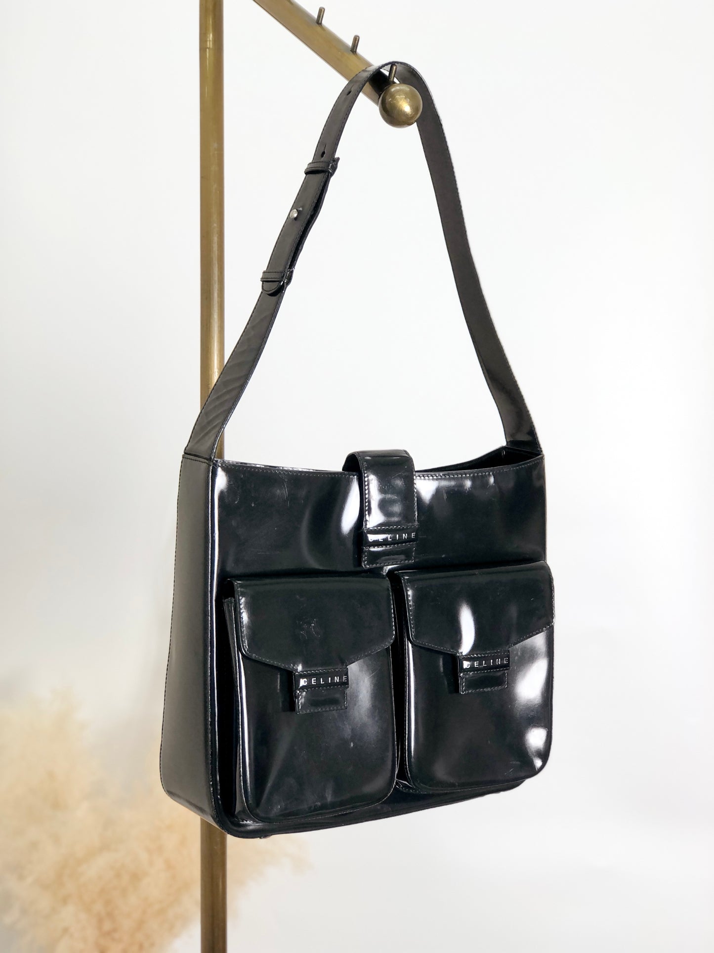 CELINE Logo Shoulder bag Black Vintage tabt7f