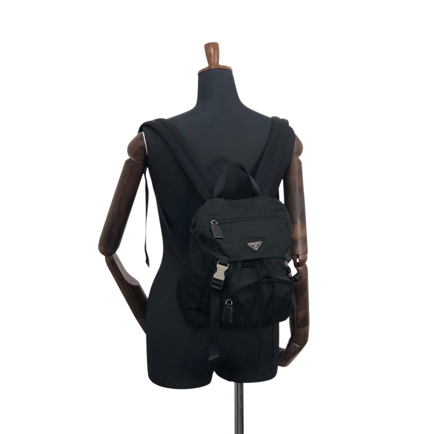 PRADA Tessuto Triangle Logo Front Buckle Backpack Black Vintage 2mkph6