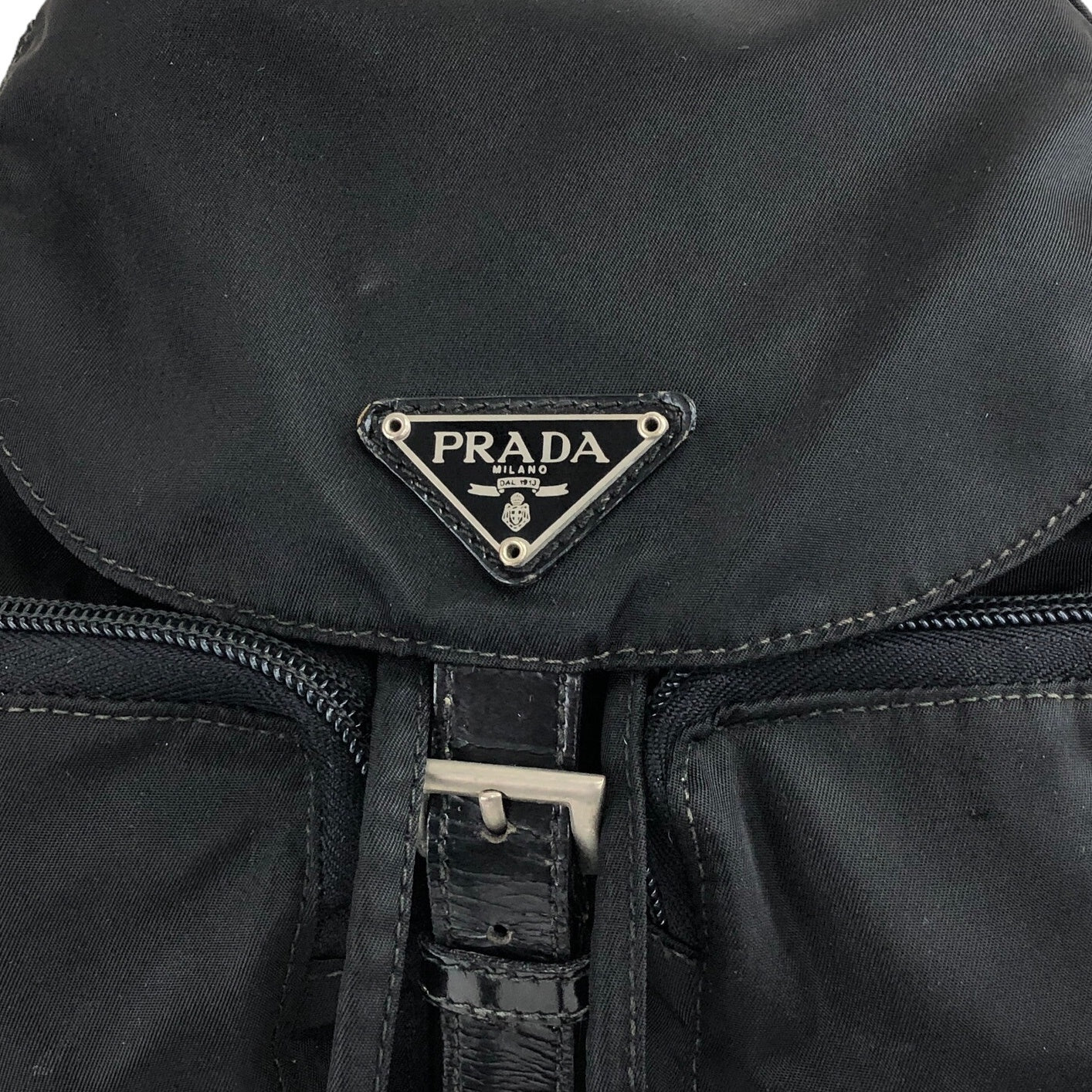 PRADA Triangle Logo Front Buckle Double Pocket Backpack Black Vintage 7ugci6