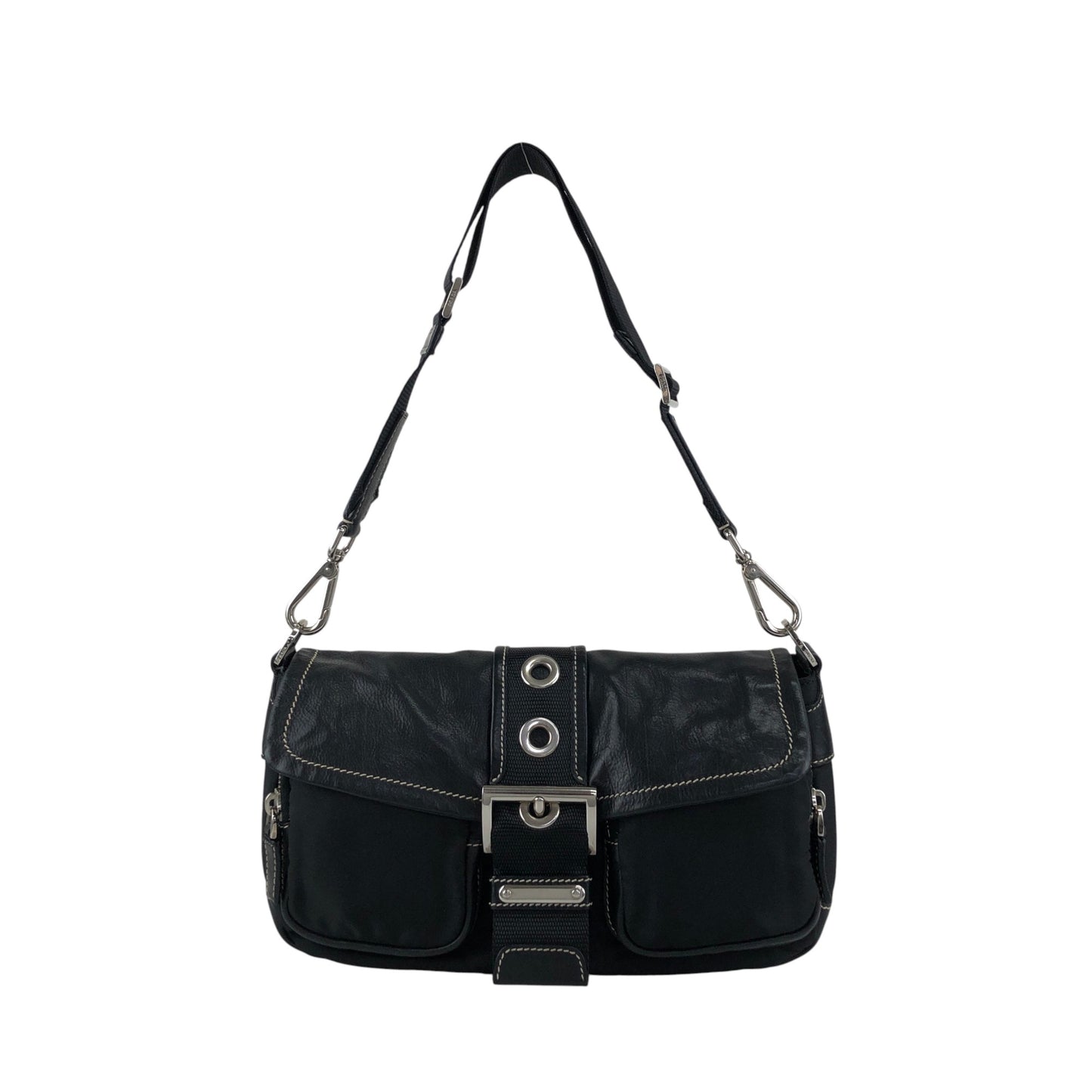 PRADA Tessuto Triangle Logo Front Buckle Shoulder bag Black Vintage dgr7v8