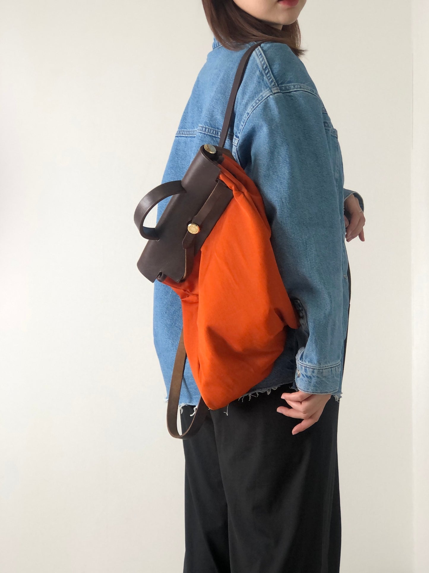 HERMES Fabric Leather Backpack Orange Vintage e8wkjy