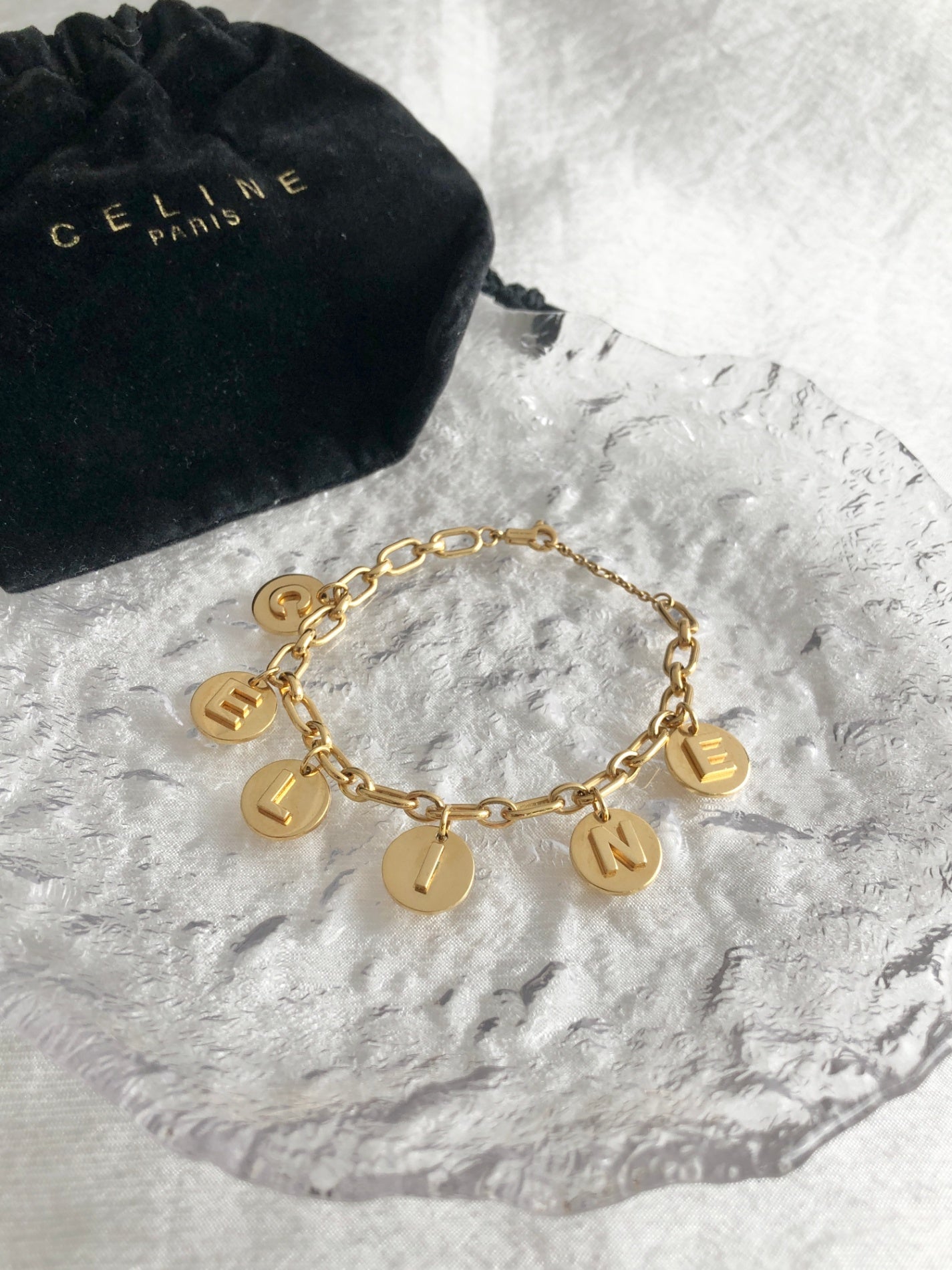 CELINE Logo Charm Bracelet Gold Vintage yin3xg