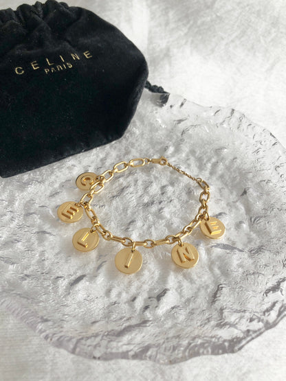 CELINE Logo Charm Bracelet Gold Vintage yin3xg