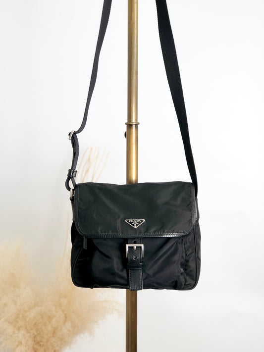 PRADA Tessuto Triangle Logo Front Buckle Shoulder bag Black Vintage bshy4h