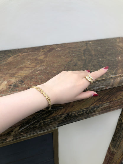 CHANEL Coco Mark Logo Rhinestone Bangle Ring Gold Vintage p7624z