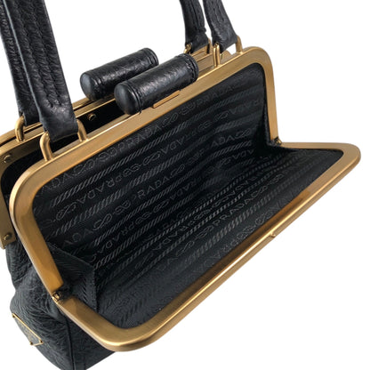 PRADA Triangle Logo Metal Closure Handbag Black Vintage epwvbd