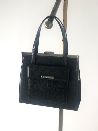 Yves Saint Laurent Logo  Lizard Leather Metal Clasp Handbag Black Vintage w8turv