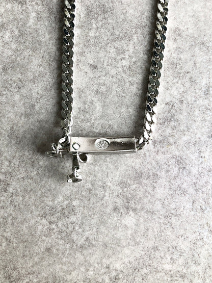 Christian Dior CD 標誌緞帶圖案項鍊銀色復古 37tj2k