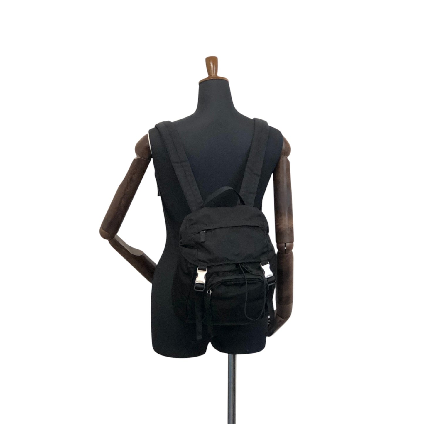PRADA Tessuto Triangle Logo Front Buckle Backpack Black Vintage ynp78c