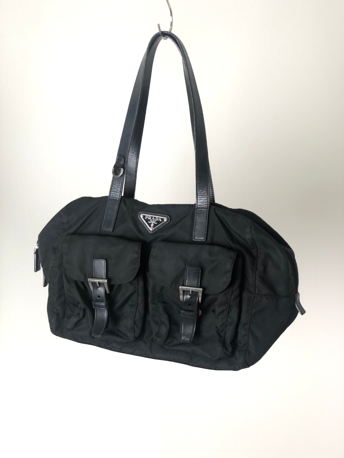 PRADA Triangle Logo Double Pocket Nylon Handbag Black Vintage u76z43