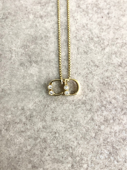 Christian Dior CD Logo Motif Rhinestone Necklace Gold Vintage ua7bst