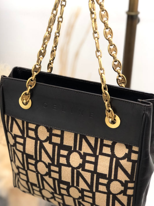 CELINE Logo Embroidery Chain Handbag Brown Vintage 88vc8f