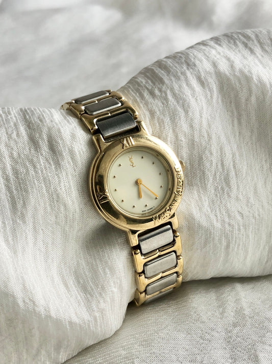 Yves Saint Laurent YSL Logo Watch Silver×Gold GN-4-S Vintage 6ax5jv