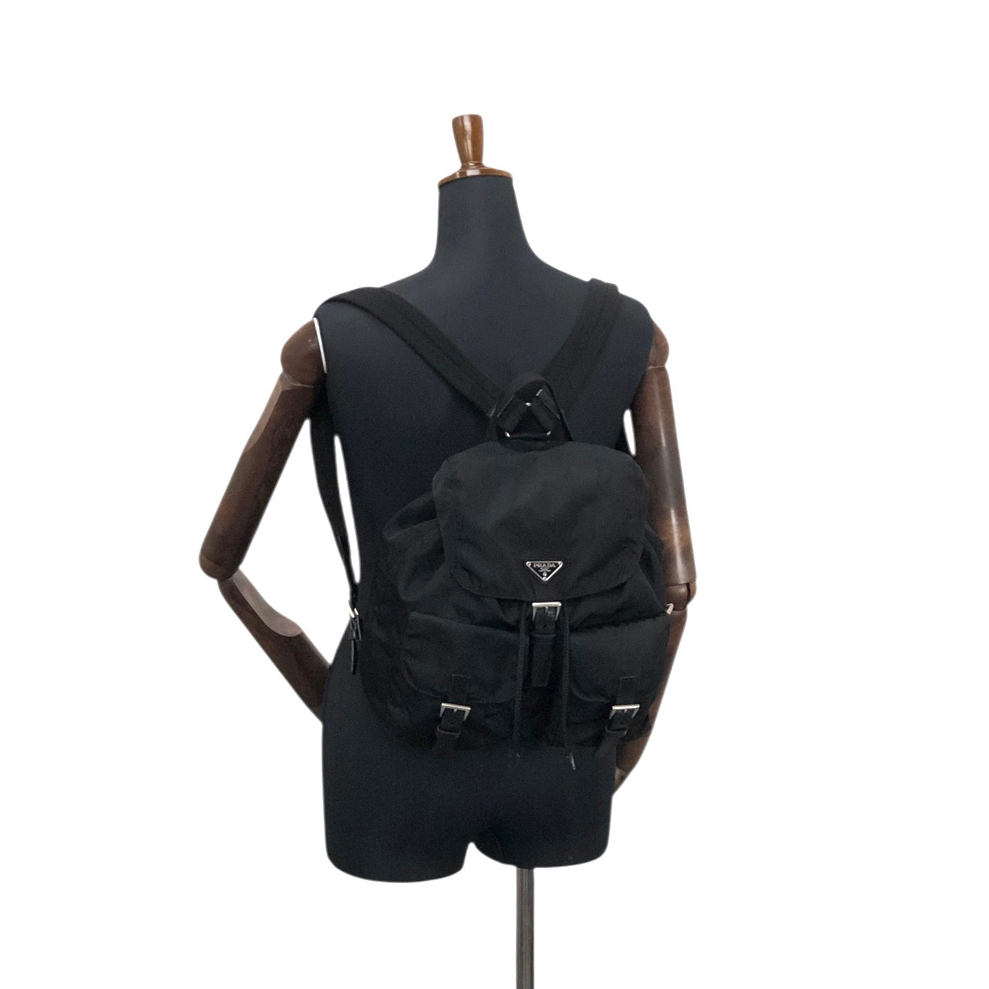 PRADA Tessuto Triangle Logo Double Pocket Backpack Black Vintage e8i3ab