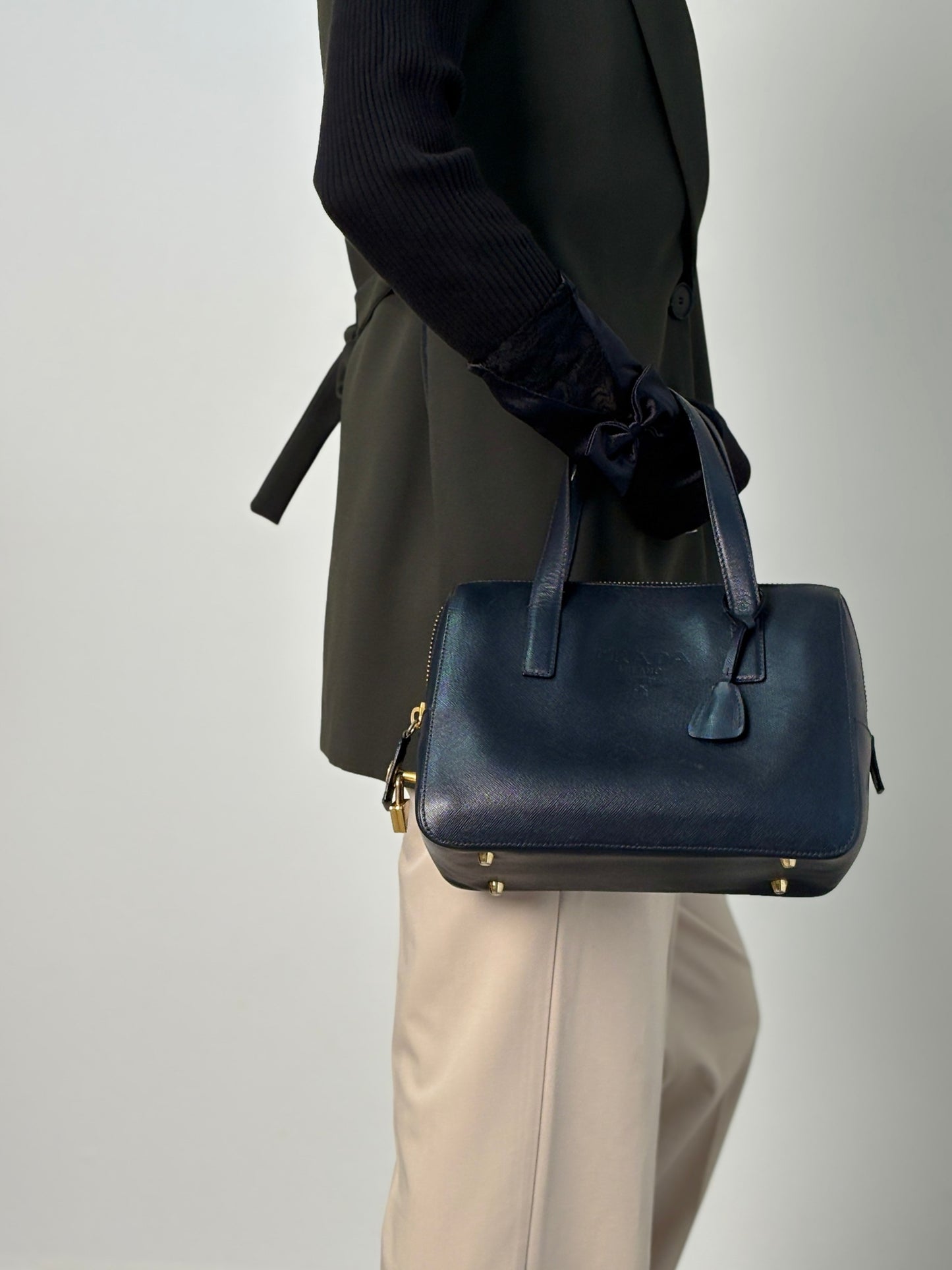 PRADA Logo Embossed Padlock Handbag Navy Vintage w43cew