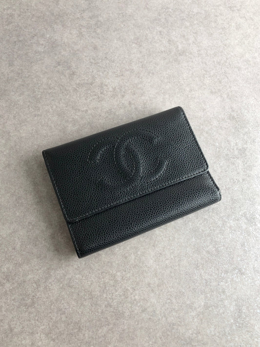 CHANEL Coco Mark Trifold Wallet Black Vintage xntxxj