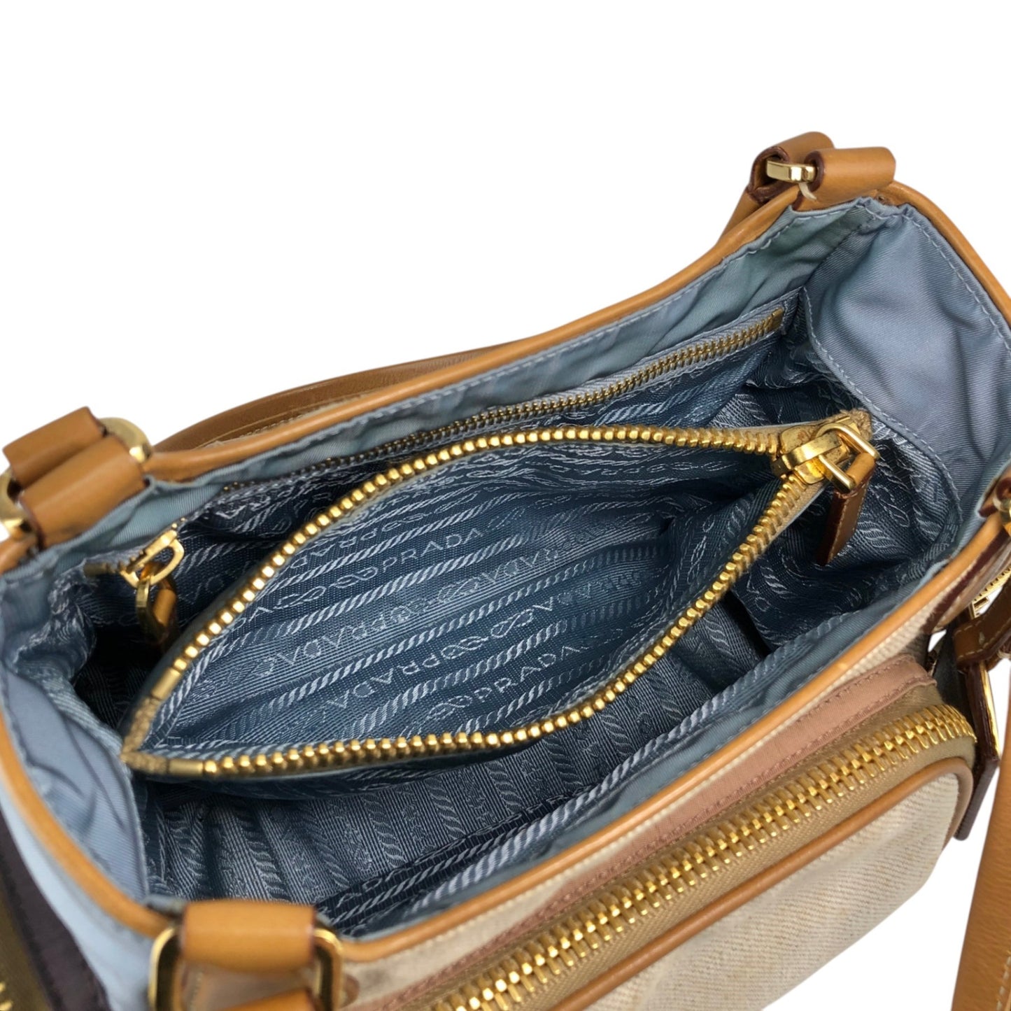 PRADA Triangle Logo Multi Pocket Handbag Totebag Beige×Blue Vintage fkki3a