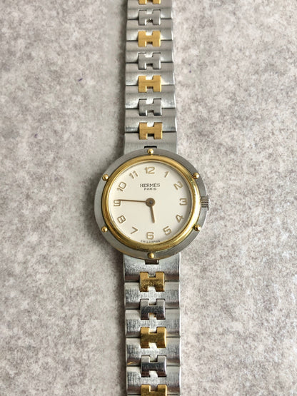 HERMES Logo Quartz Watch Silver×Gold Vintage ud4ac3