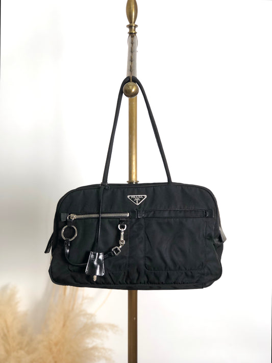 PRADA Triangle Logo Padlock Small Boston bag Handbag Black Vintage a5w87e