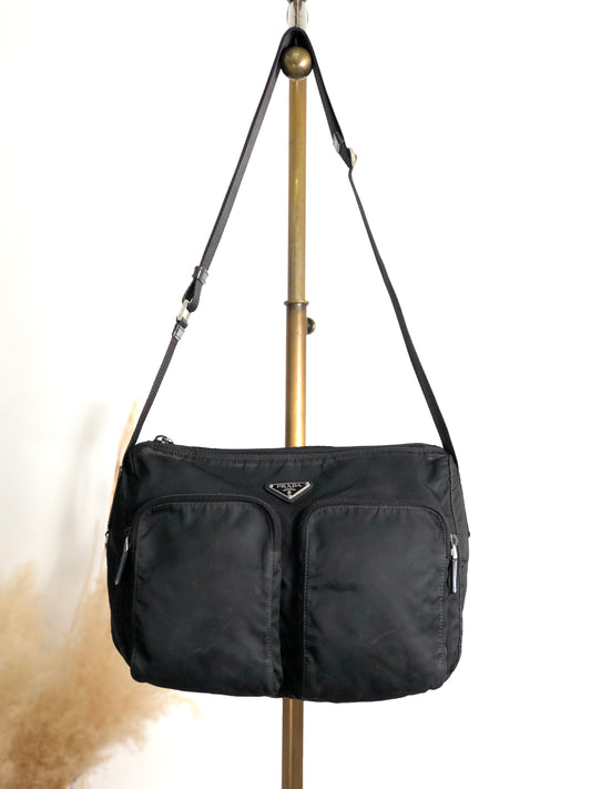 PRADA Tessuto Triangle Logo Double Pocket Shoulder bag Black Vintage se4edp