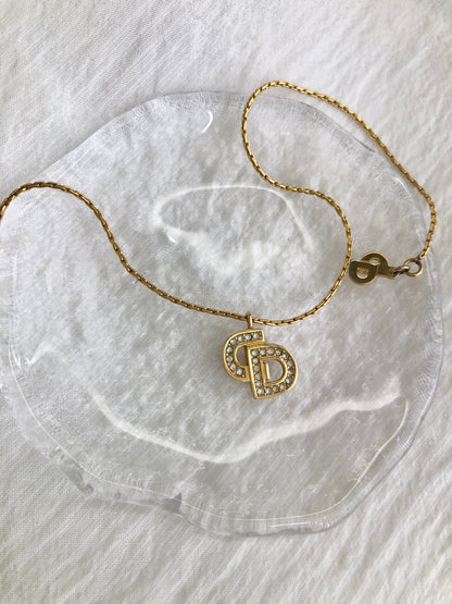 Christian Dior  CD Logo Rhinestone  Necklace Gold Vintage ke56a3