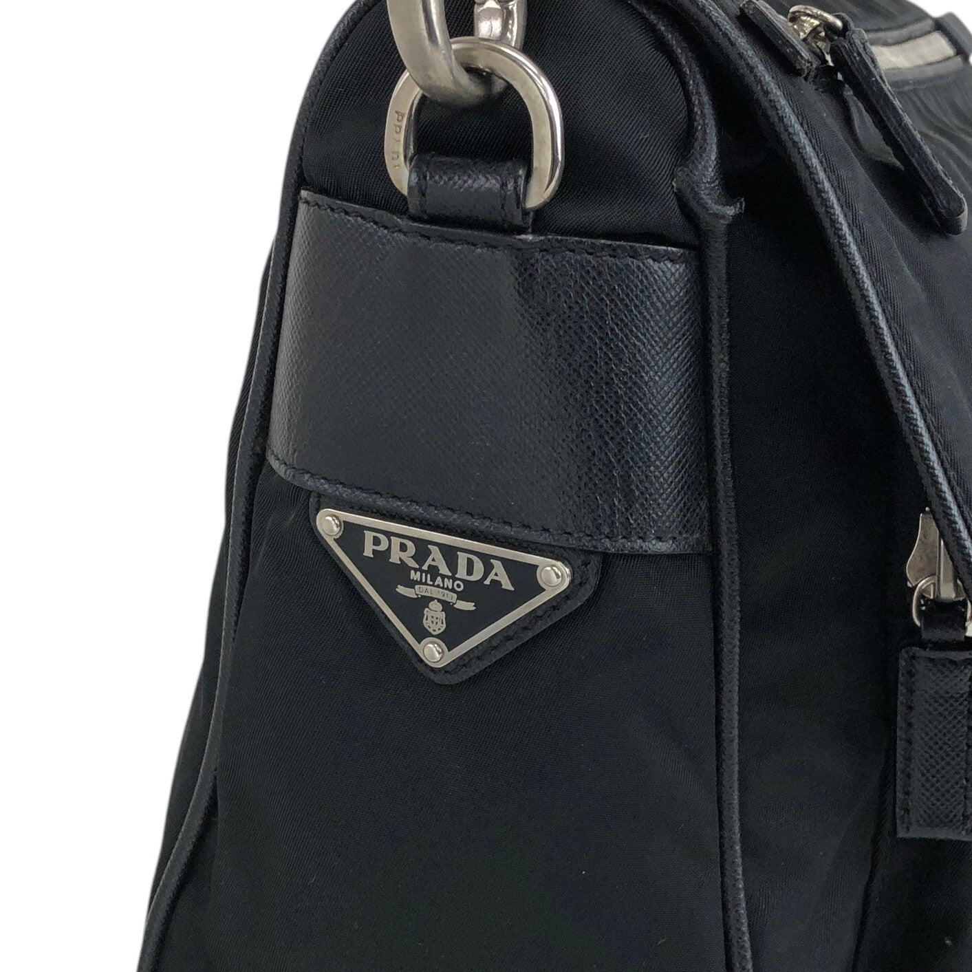PRADA Triangle Logo Front Buckle Shoulder bag Black Vintage n23xhp