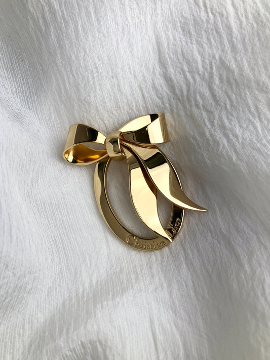 Christian Dior Logo Ribbon Motif Brooch Gold Vintage ep4fie