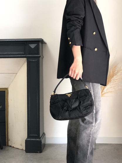 PRADA Logo Ribbon Motif Two-way Handbag Shoulder bag Black Vintage 33v85k