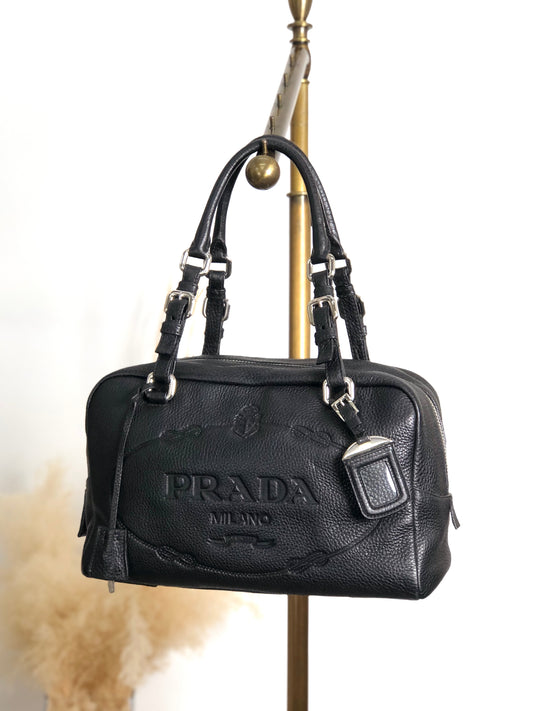 PRADA Logo Embossed Small Boston bag Handbag Black Vintage 6kdc52