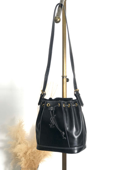 Yves Saint Laurent YSL Logo Stitch Drawstring Shoulder bag Black Vintage 2my7rj