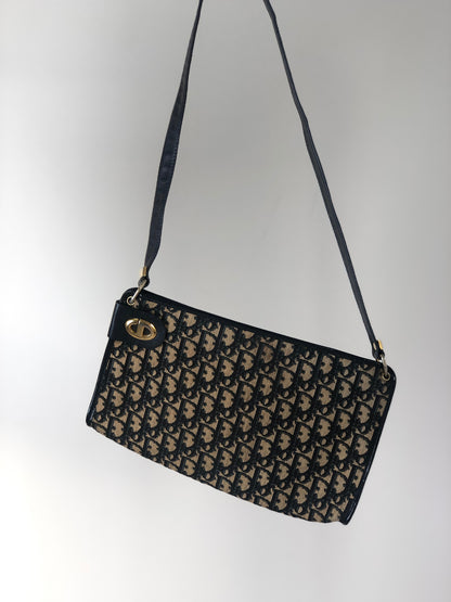 Christian Dior Trotter CD 標誌提花皮革肩背包海軍藍復古 c35cce 