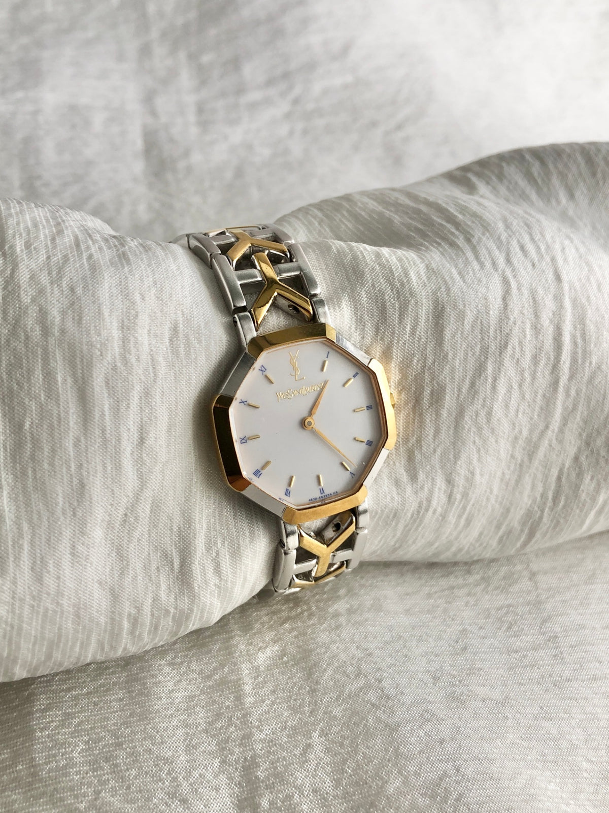 Yves Saint Laurent YSL Logo Quartz Watch Silver×Gold Vintage paum2s