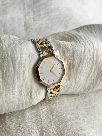 Yves Saint Laurent YSL Logo Quartz Watch Silver×Gold Vintage paum2s
