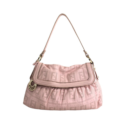 FENDI Zucca Logo Charm Jacquard Leather Shoulder bag Hobobag Pink Vintage uy85ci