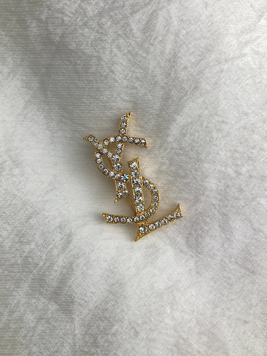 Yves Saint Laurent YSL Logo Rhinestone Brooch Gold Vintage tvzbec