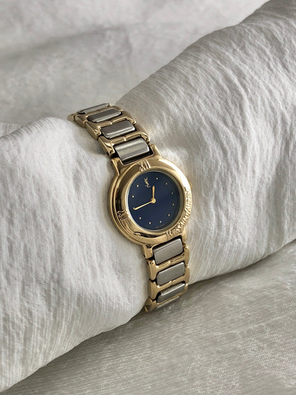 Yves Saint Laurent YSL Logo Quartz Watch Silver×Gold 2200-229789 Vintage 84wevi