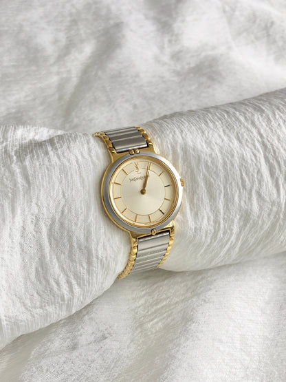 Yves Saint Laurent YSL Logo Quartz Watch Silver×Gold Vintage yyi2d7
