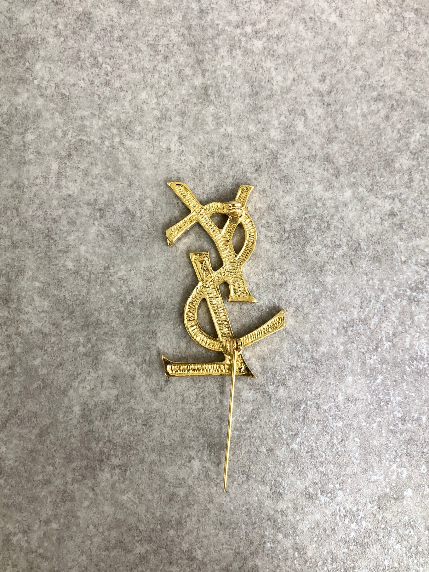 Yves Saint Laurent YSL Logo Rhinestone Brooch Gold Vintage tvzbec