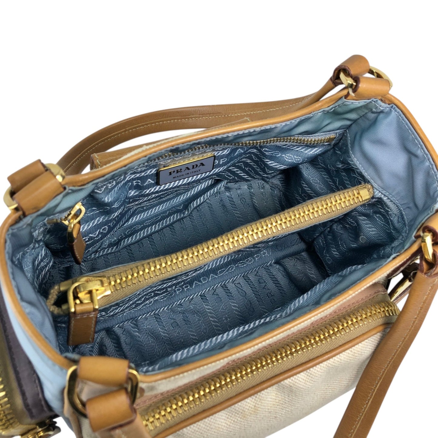 PRADA Triangle Logo Multi Pocket Handbag Totebag Beige×Blue Vintage fkki3a