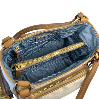 PRADA Triangle Logo Multi Pocket Handbag Totebag Beige×Blue Vintage fkki3a