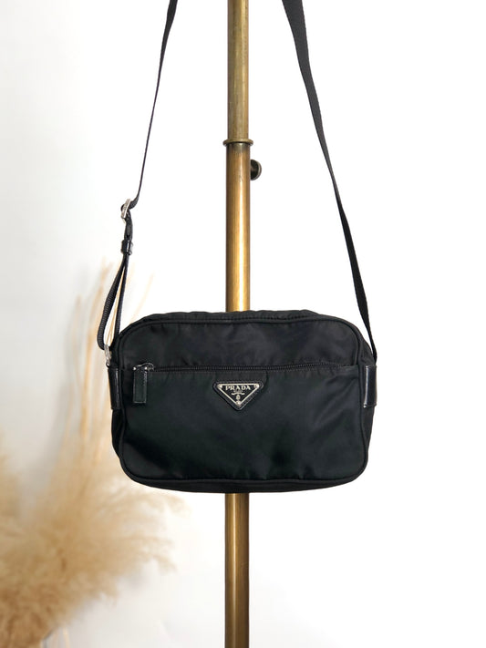 PRADA Tessuto Triangle Logo Shoulder bag Black Vintage bsftsu