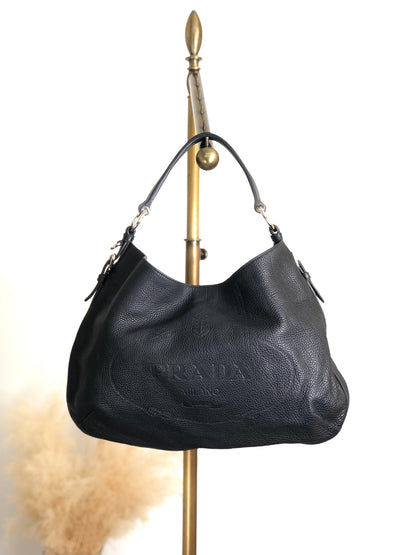 PRADA Logo Embossed Shoulder bag Hobobag Black Vintage ffhn2u