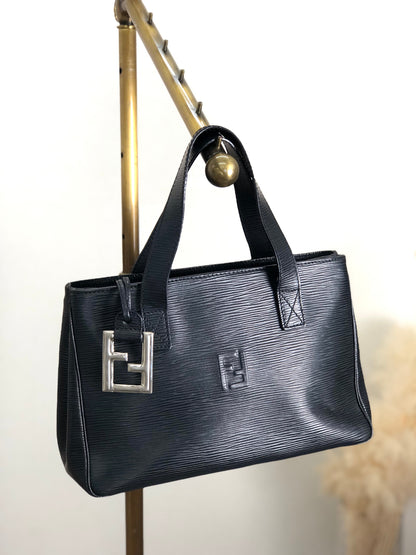 FENDI Logo Charm Handbag Black Vintage 65ke3p