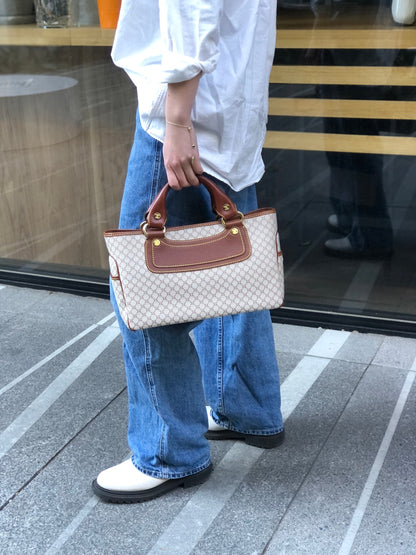 CELINE Macadam Canvas Leather Handbag Beige Vintage ybm6xd