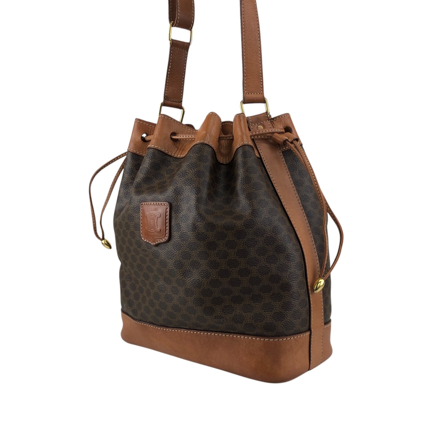 CELINE Macadam Blason Drawstring Shoulder bag Brown Vintage twzgft