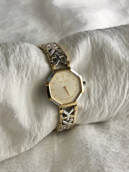 Yves Saint Laurent YSL Logo Quartz Watch Silver×Gold 2200-241762 Vintage r5aupi