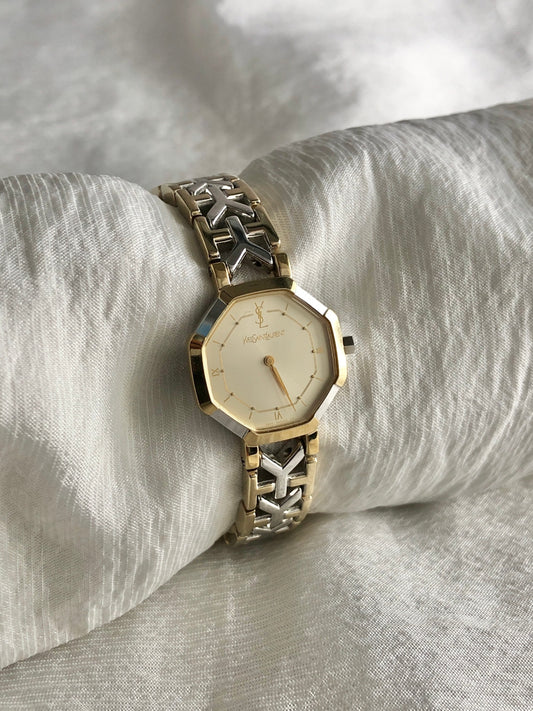 Yves Saint Laurent YSL Logo Quartz Watch Silver×Gold 2200-241762 Vintage r5aupi