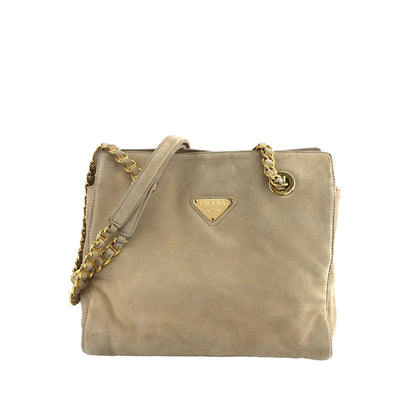 PRADA Triangle Logo Chain Shoulder bag Beige Vintage 4erk77