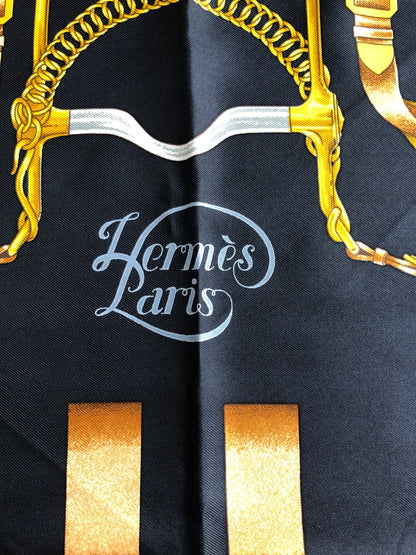 HERMES SILK Scarf Black×Gold grand manege Vintage bz5cun