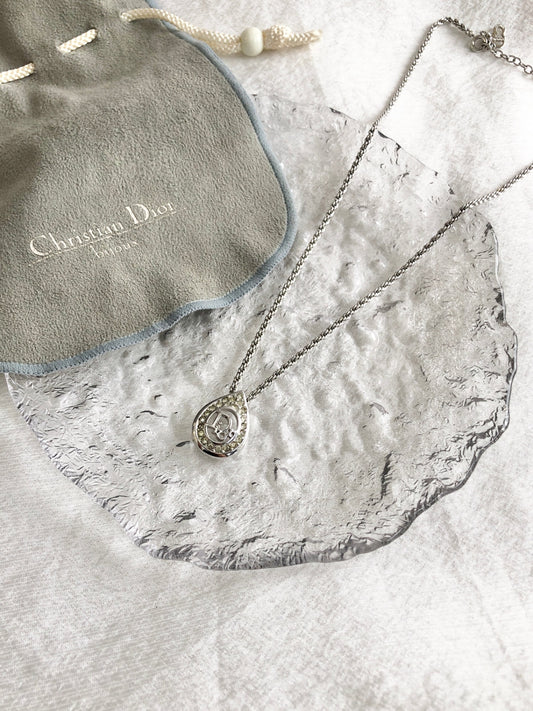 Christian Dior Logo Rhinestone Necklace Silver Vintage p8mj87
